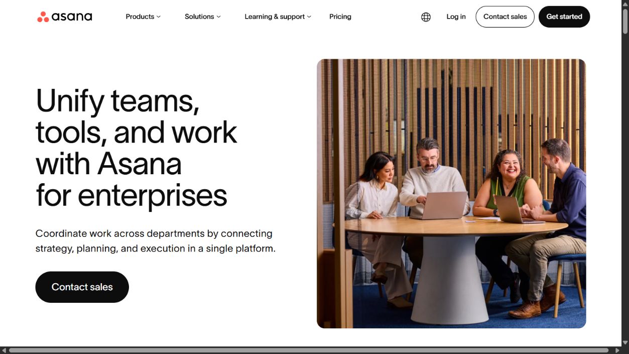Asana official enterprise homepage showing its cross-functional work-management positioning
