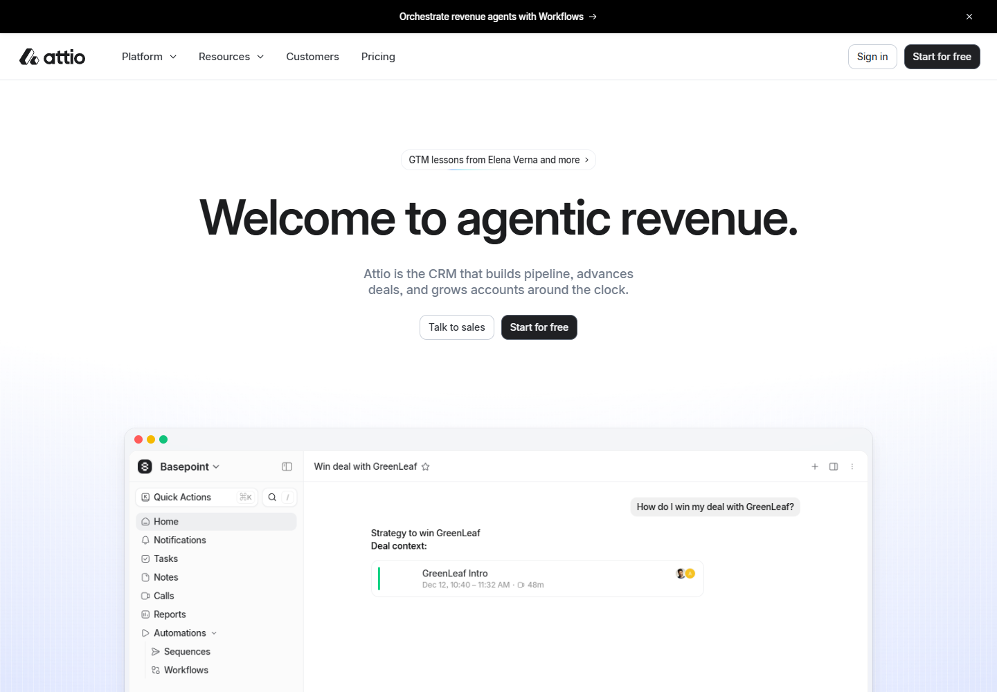 Attio homepage introducing its relationship and revenue platform