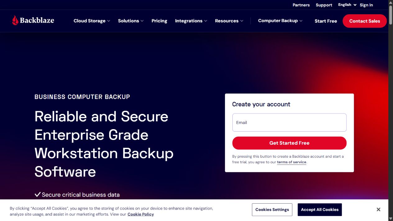 Backblaze Business Backup official homepage showing workstation backup and recovery