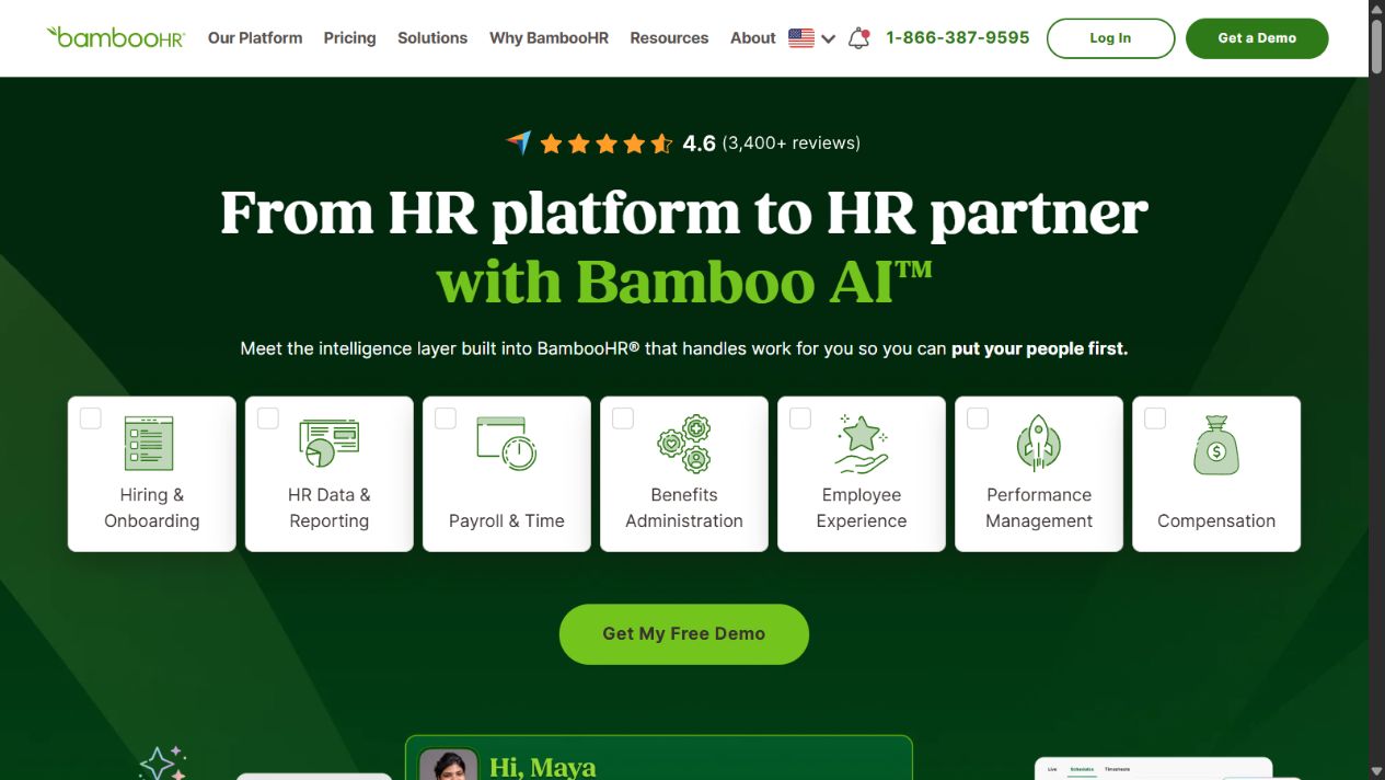 BambooHR official homepage showing its connected people platform