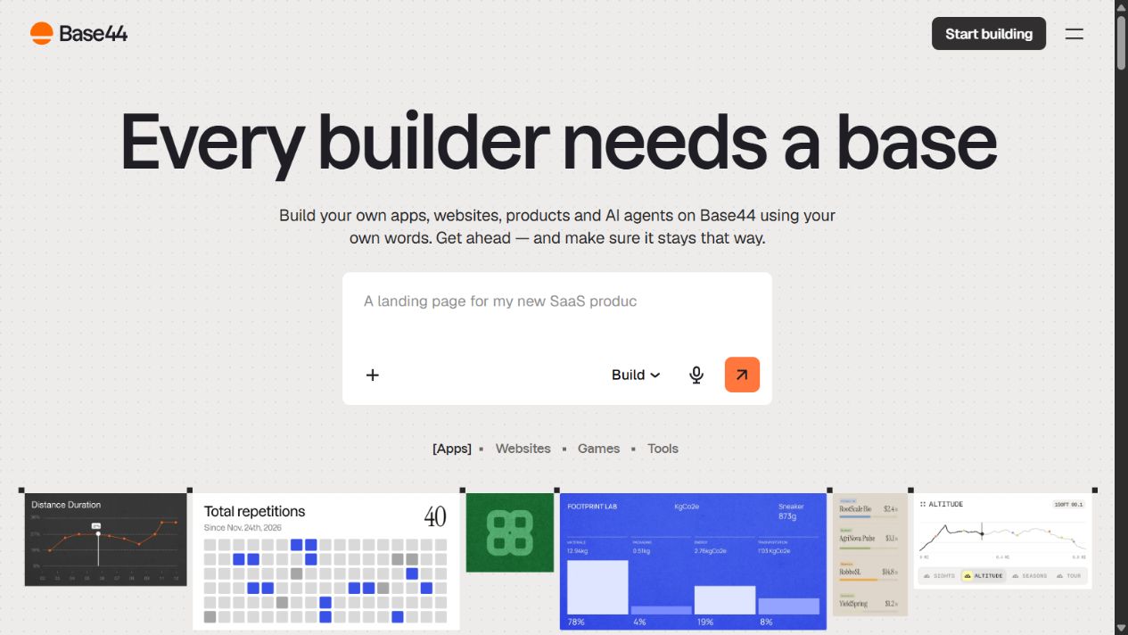 Base44 official homepage with a prompt box for building apps and websites