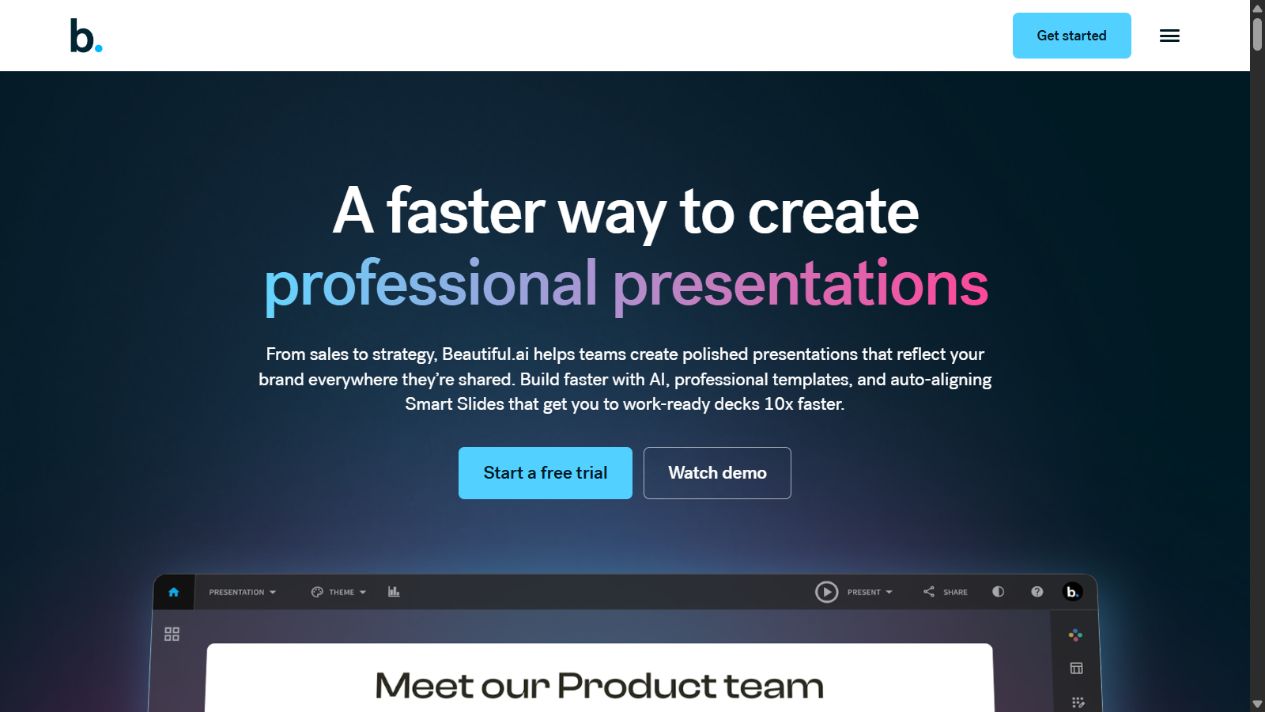 Beautiful.ai official homepage showing its presentation workflow and Smart Slides