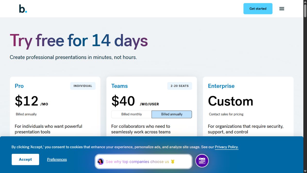 Beautiful.ai official pricing page showing Pro, Teams, and Enterprise plans