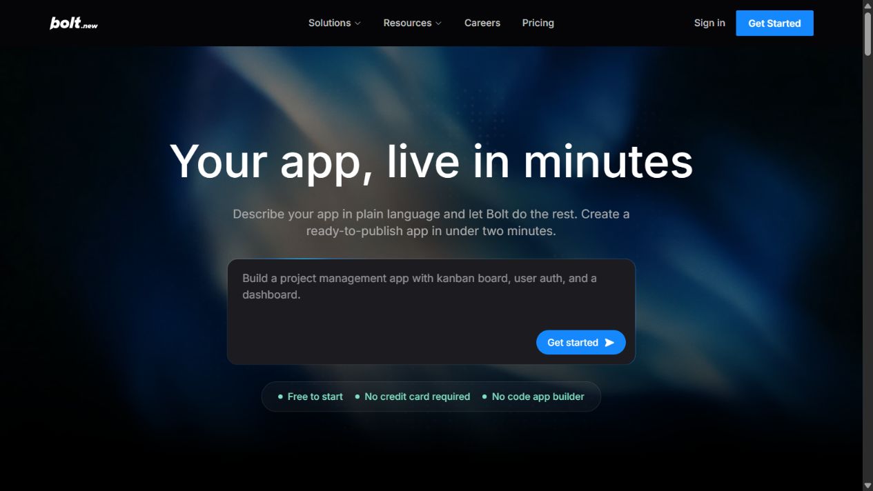 Bolt official AI app builder page used to begin a prompt-based application project