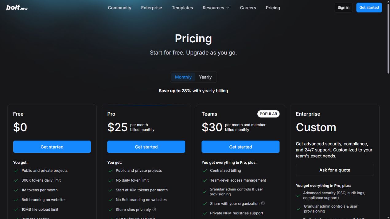 Bolt official pricing page showing Free Pro Teams and Enterprise plans