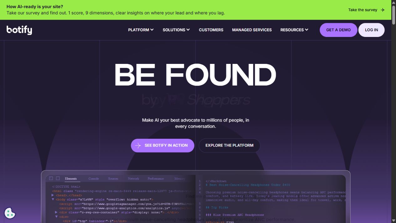Botify official homepage showing its AI search optimization platform
