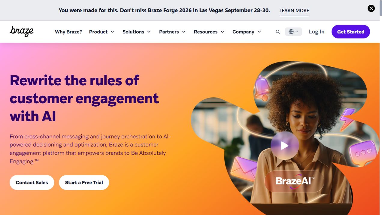 Braze official homepage showing its customer engagement platform