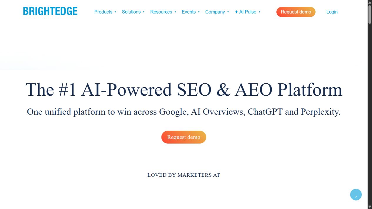 BrightEdge official homepage showing its AI-powered SEO and AEO platform