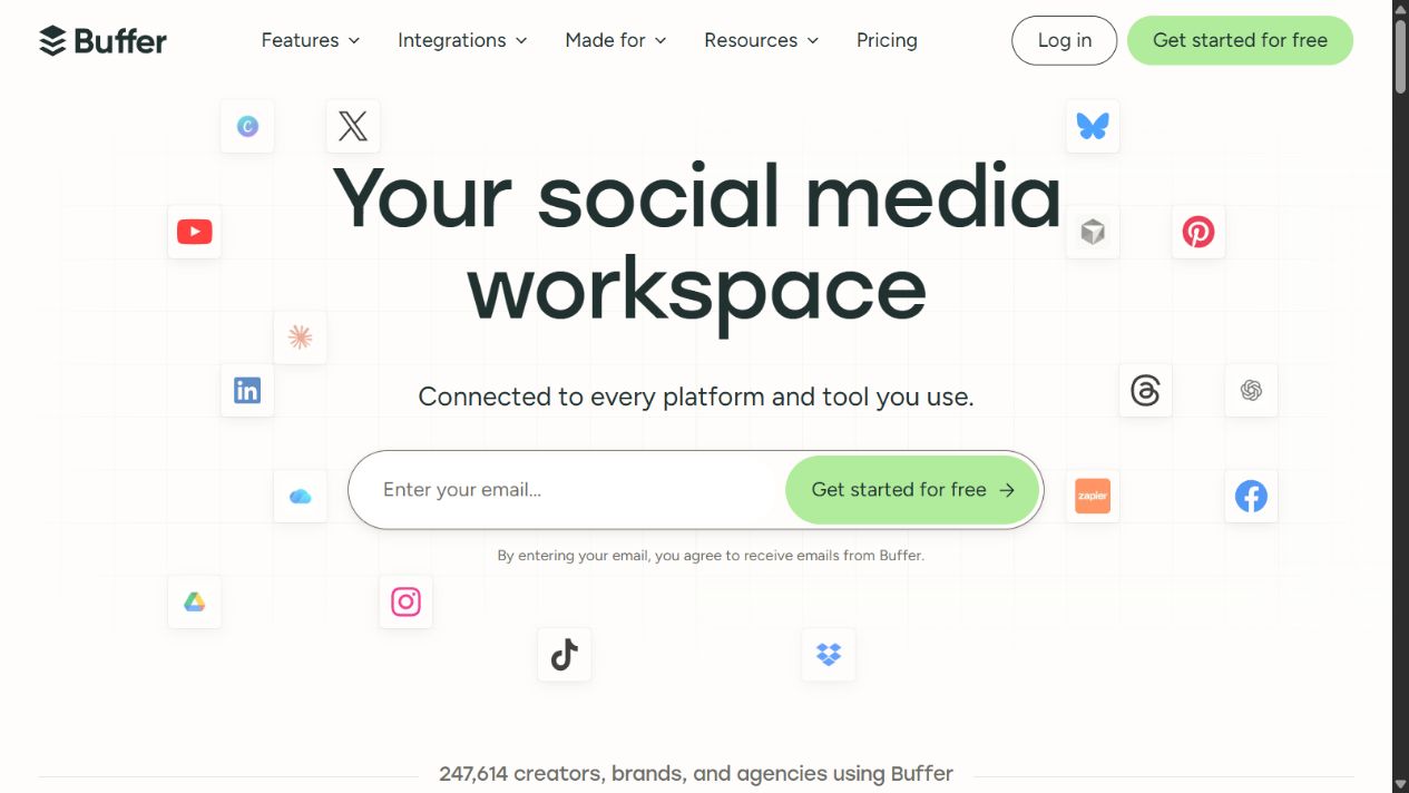 Buffer official homepage showing its social media workspace