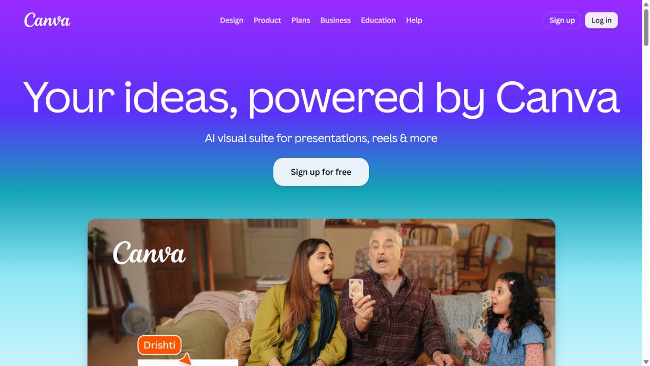 Canva official homepage showing its visual content platform