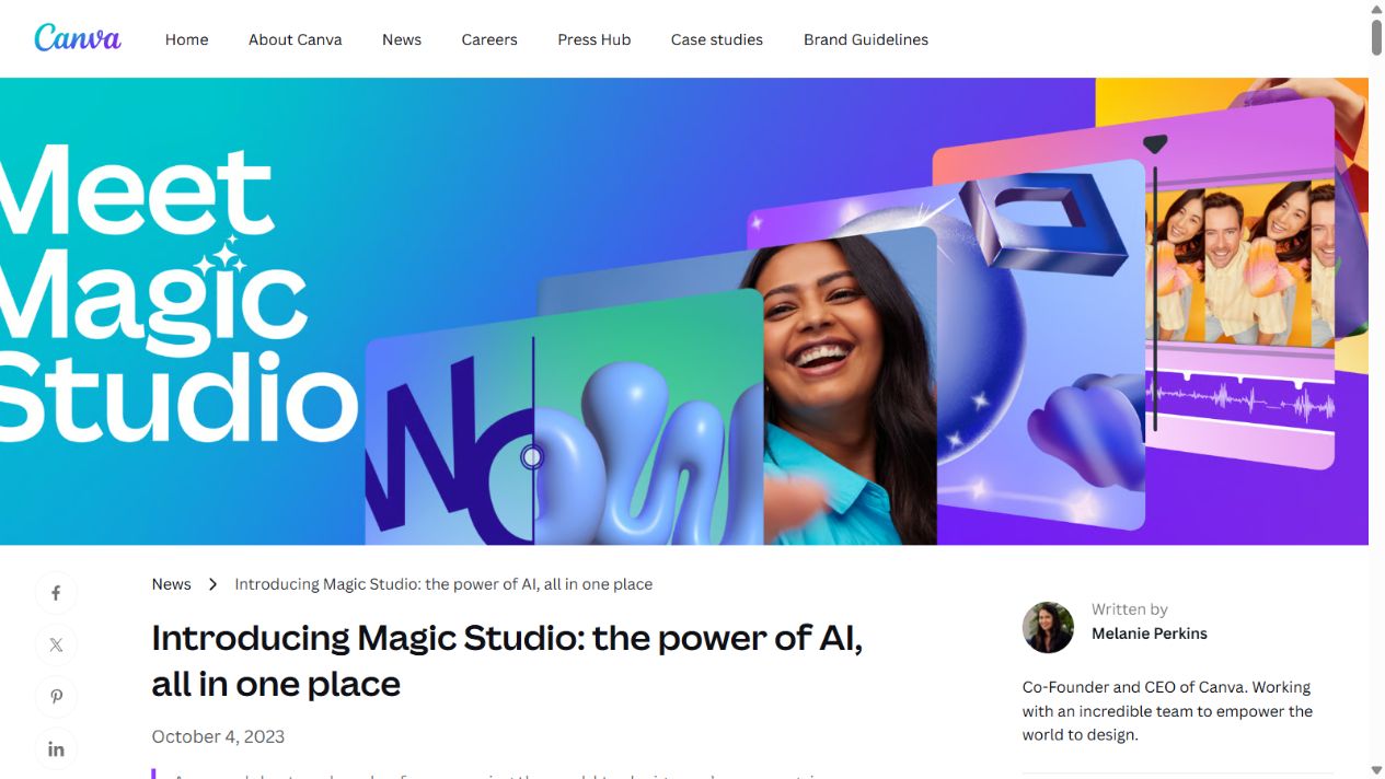 Canva official Magic Studio page showing AI design and editing workflows