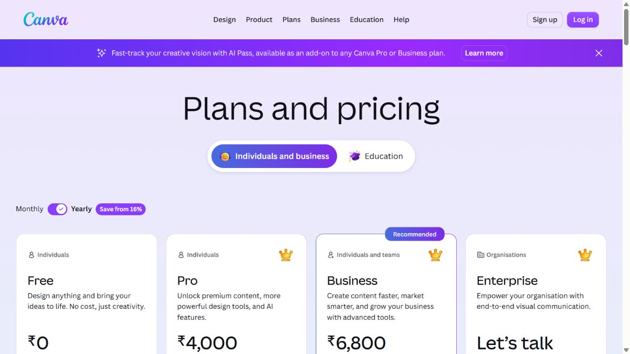 Canva official pricing page showing Free, Pro, Business, and Enterprise plans