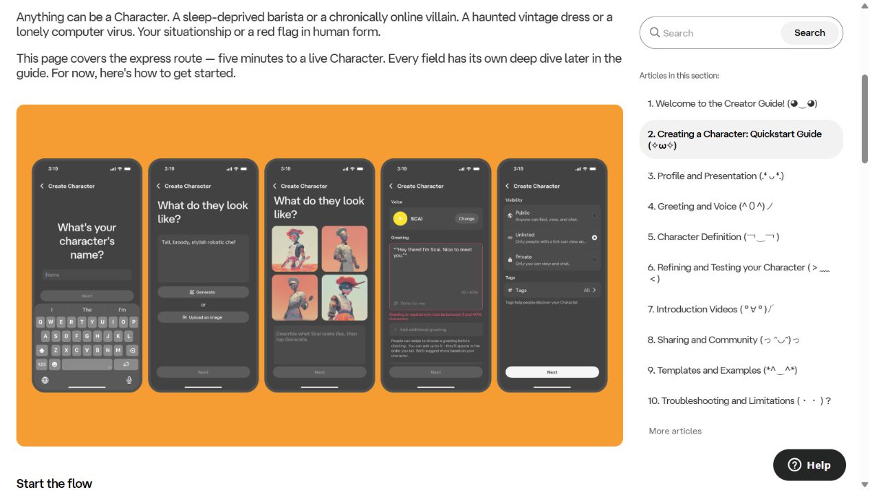 Official Character.AI creator guide illustrating the mobile creation flow
