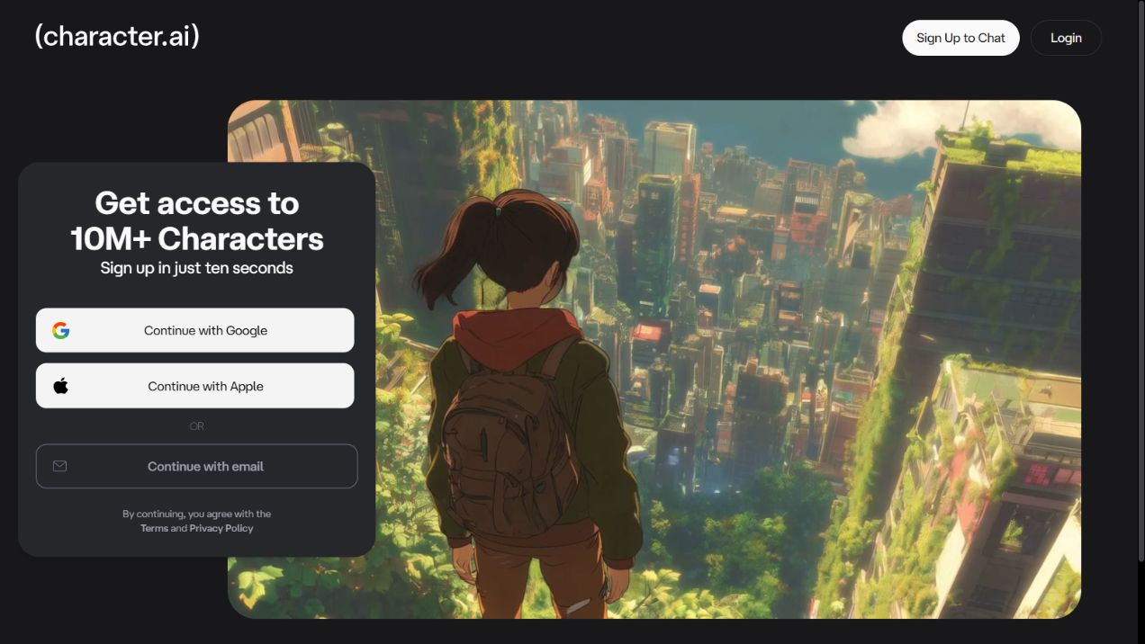 Character.AI official homepage showing its character-centered discovery experience