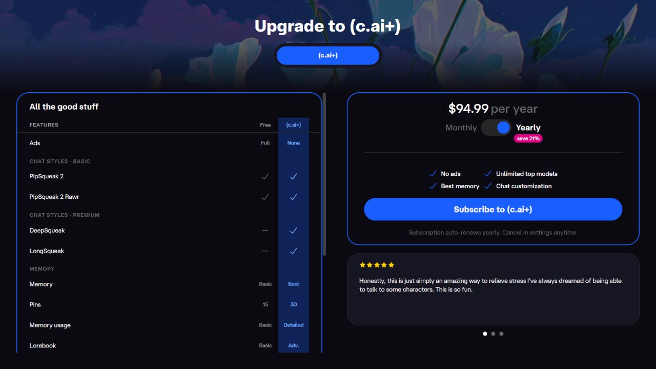 Character.AI official pricing page comparing Free and c.ai+ features