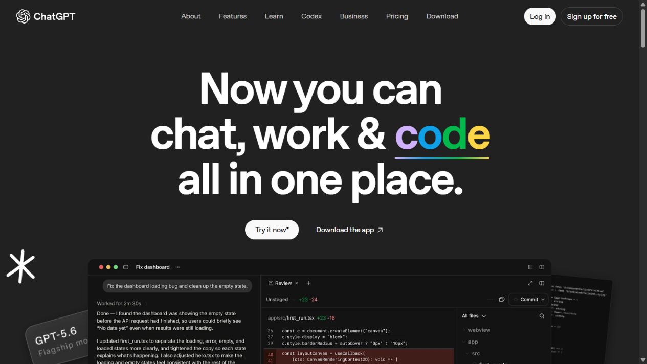 ChatGPT official homepage showing its general-purpose multimodal AI workspace