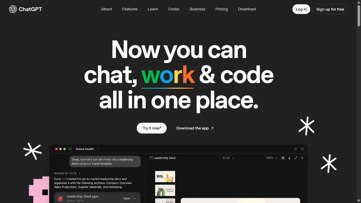 ChatGPT official homepage showing its broad conversational work environment