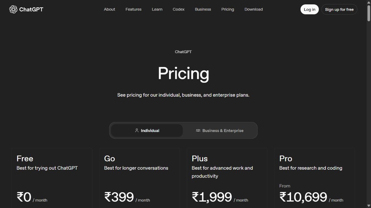 Official ChatGPT pricing page showing individual plan options