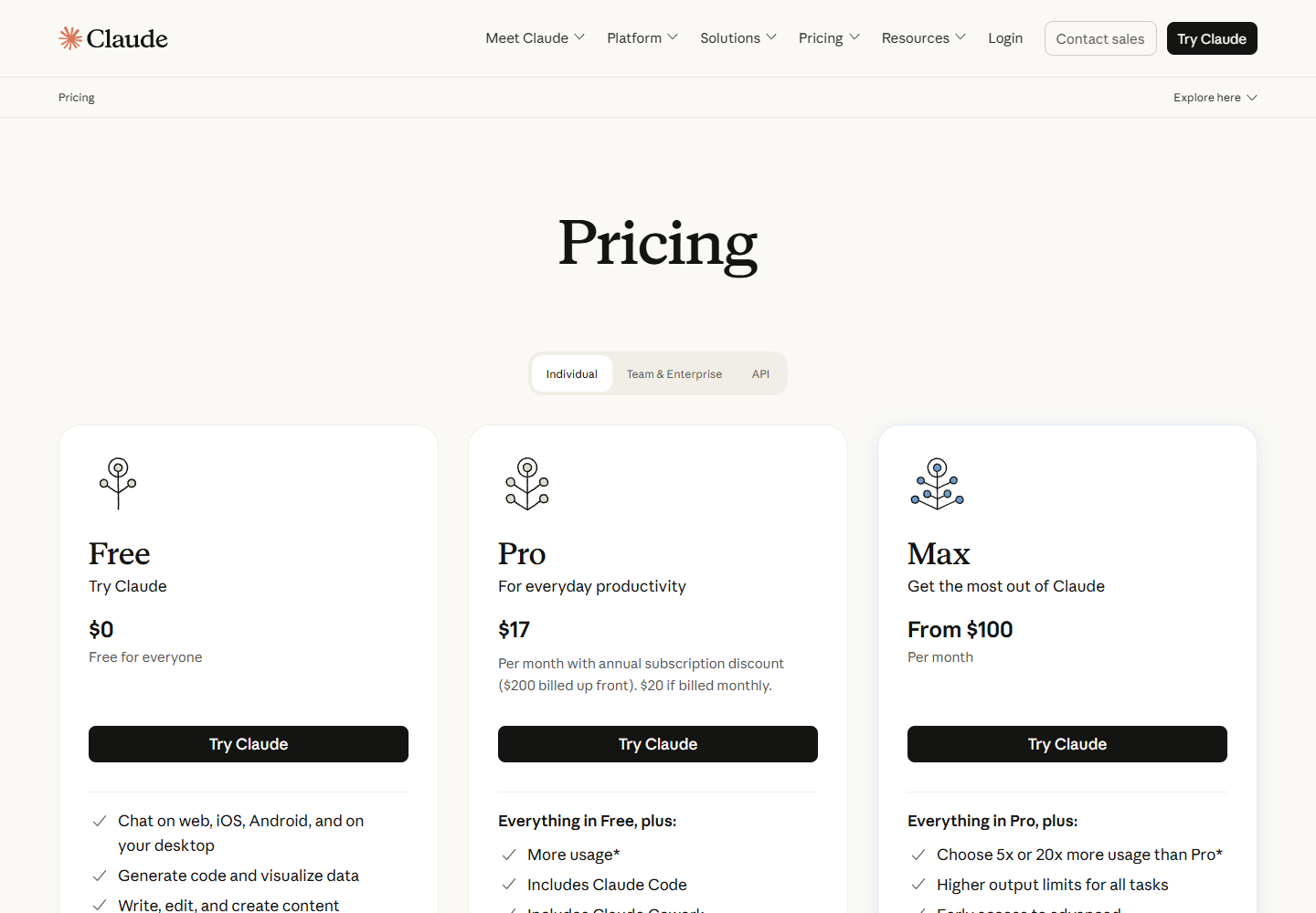 Claude official pricing page showing Free, Pro, and Max individual plans