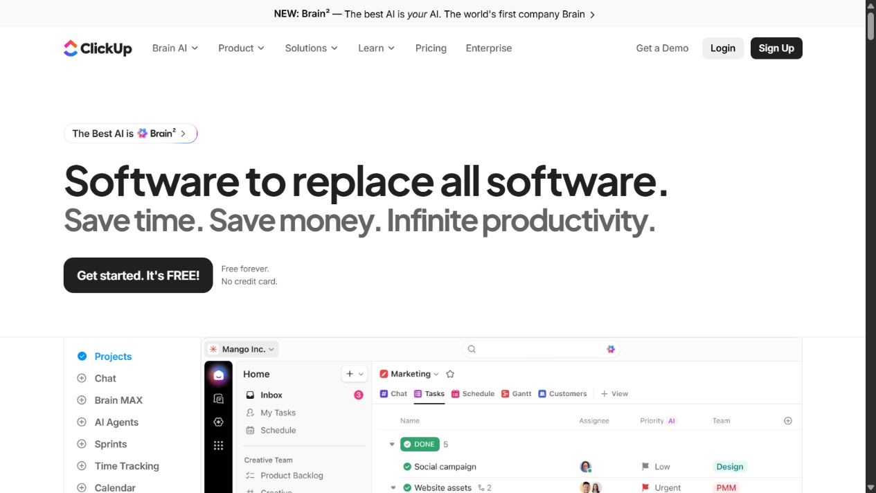 ClickUp official homepage showing its configurable work platform