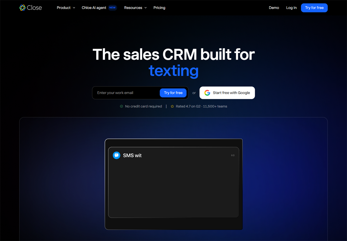 Close official homepage showing CRM communication and pipeline tools