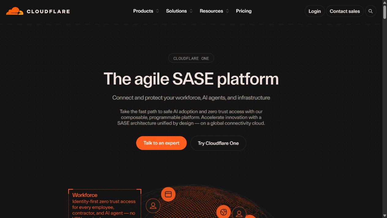 Cloudflare One official page showing its SASE and workspace-security platform
