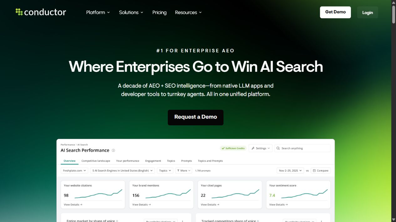Conductor official homepage showing its enterprise SEO and AEO platform