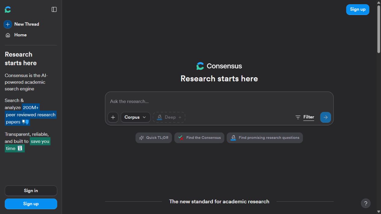 Consensus official homepage showing its AI-powered academic search environment