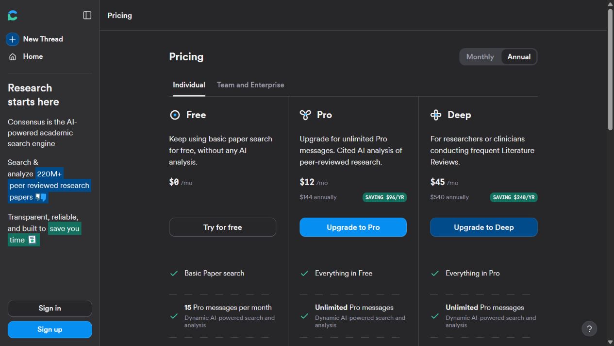 Consensus official pricing page showing its current plan options
