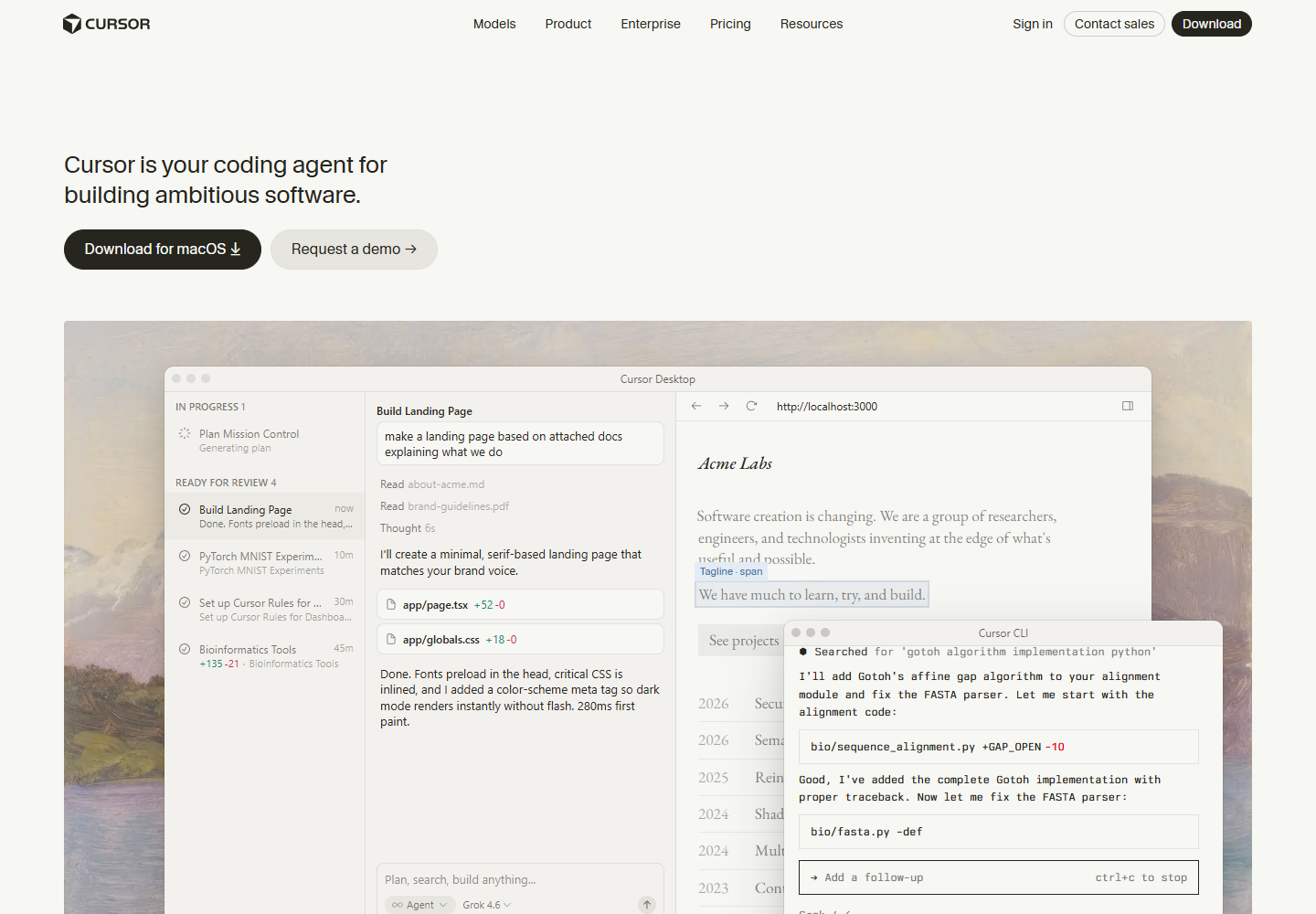 Cursor&rsquo;s official homepage showing its AI coding environment
