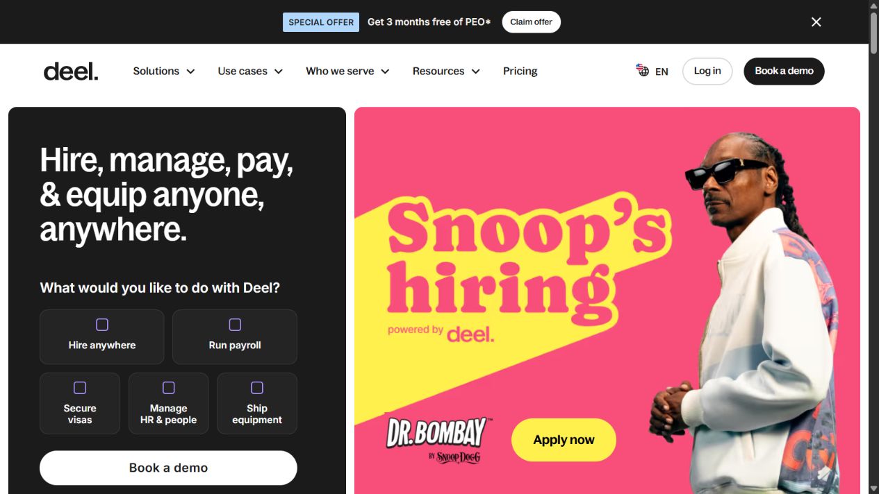 Deel official homepage showing global HR, payroll, employee, and contractor services