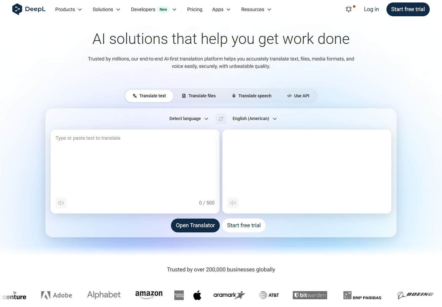 DeepL&rsquo;s official homepage showing text, file, speech, and API translation paths
