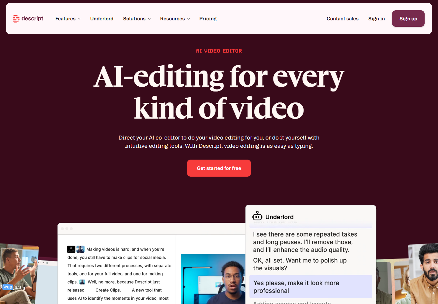 Descript&rsquo;s official homepage showing its AI-assisted video editing workflow