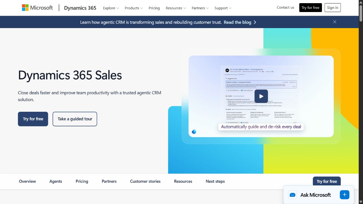 Microsoft Dynamics 365 Sales official homepage showing its enterprise CRM positioning