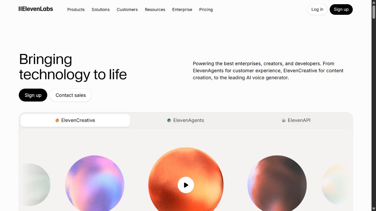 ElevenLabs official homepage showing its voice creation, agent, and API product families