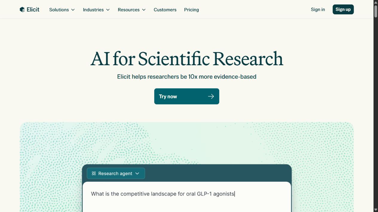 Elicit official homepage showing its scientific-research positioning and research-agent interface
