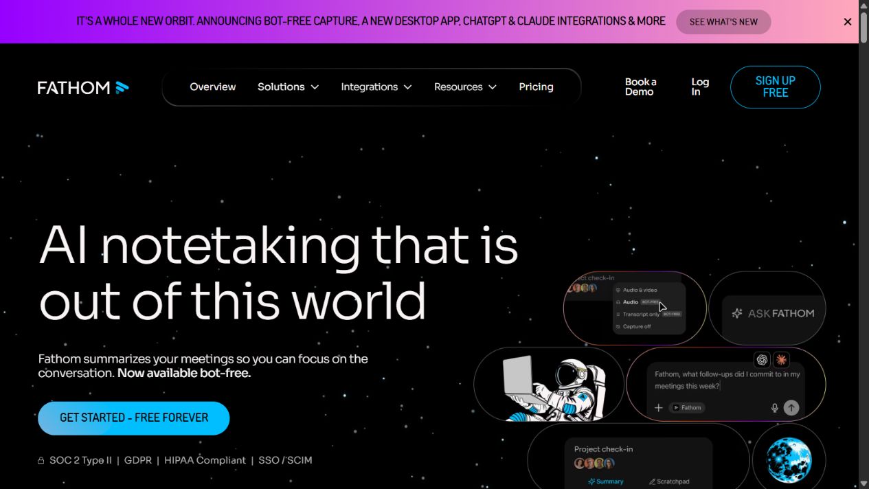 Fathom official homepage showing its AI meeting-notetaking positioning