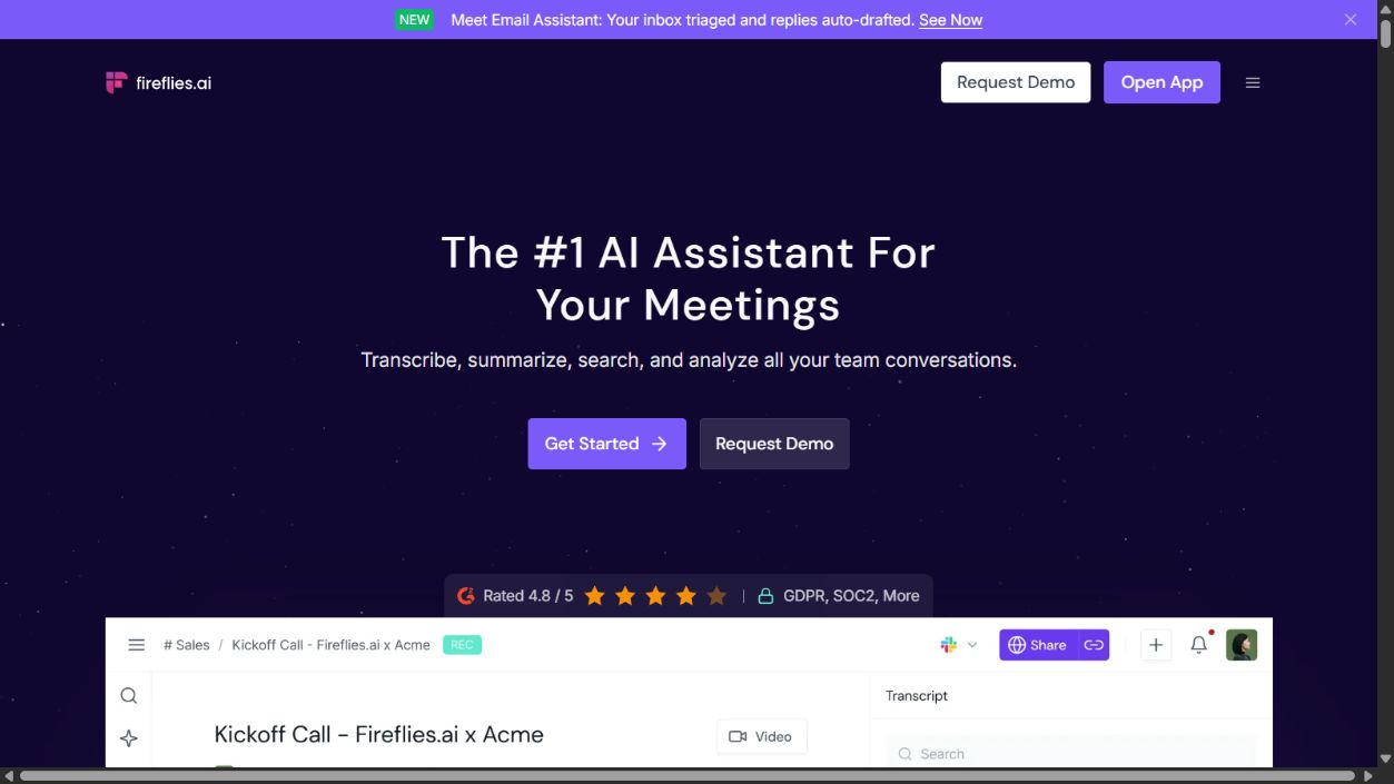 Fireflies official homepage showing its meeting-assistant positioning