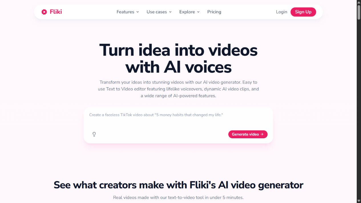 Fliki official homepage showing its AI video-production positioning