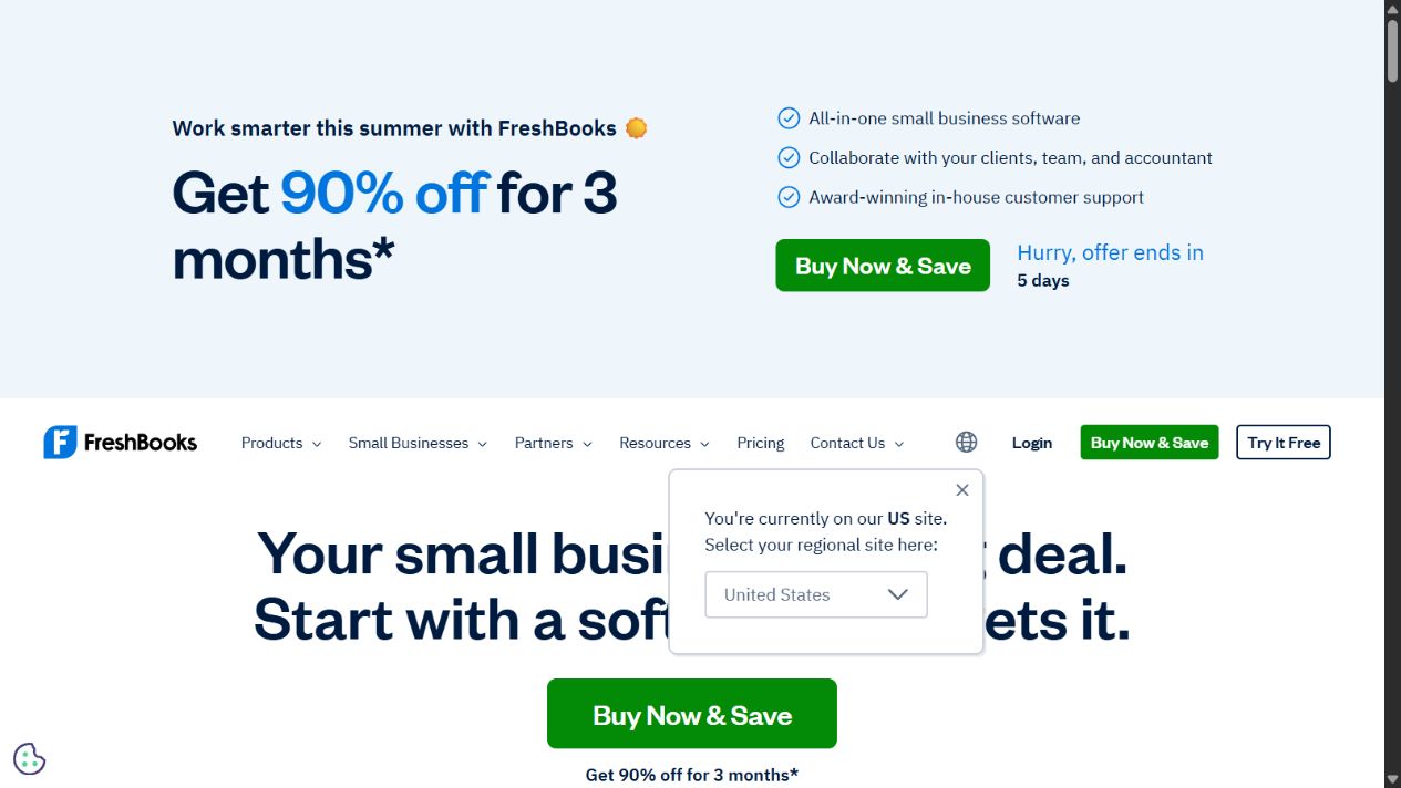 FreshBooks official homepage showing invoicing and accounting for service businesses
