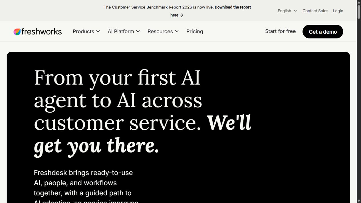 Freshdesk homepage presenting its customer service and AI platform