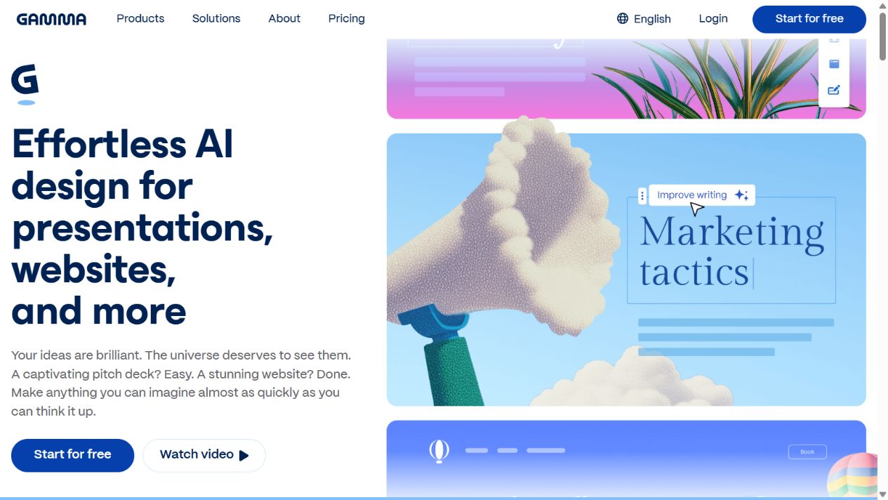 Gamma official homepage showing its AI visual creation environment