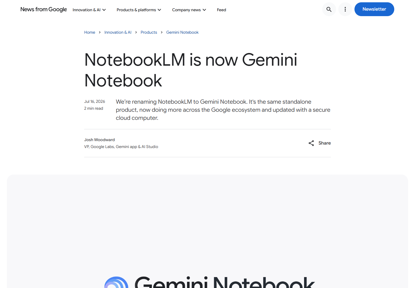 Google&rsquo;s official announcement that NotebookLM is now Gemini Notebook