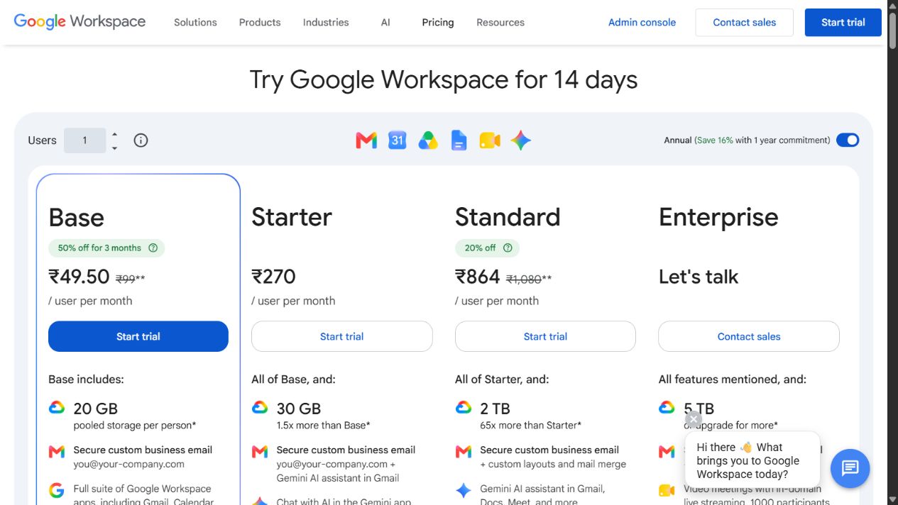 Google Workspace pricing page showing business plans and Gemini availability