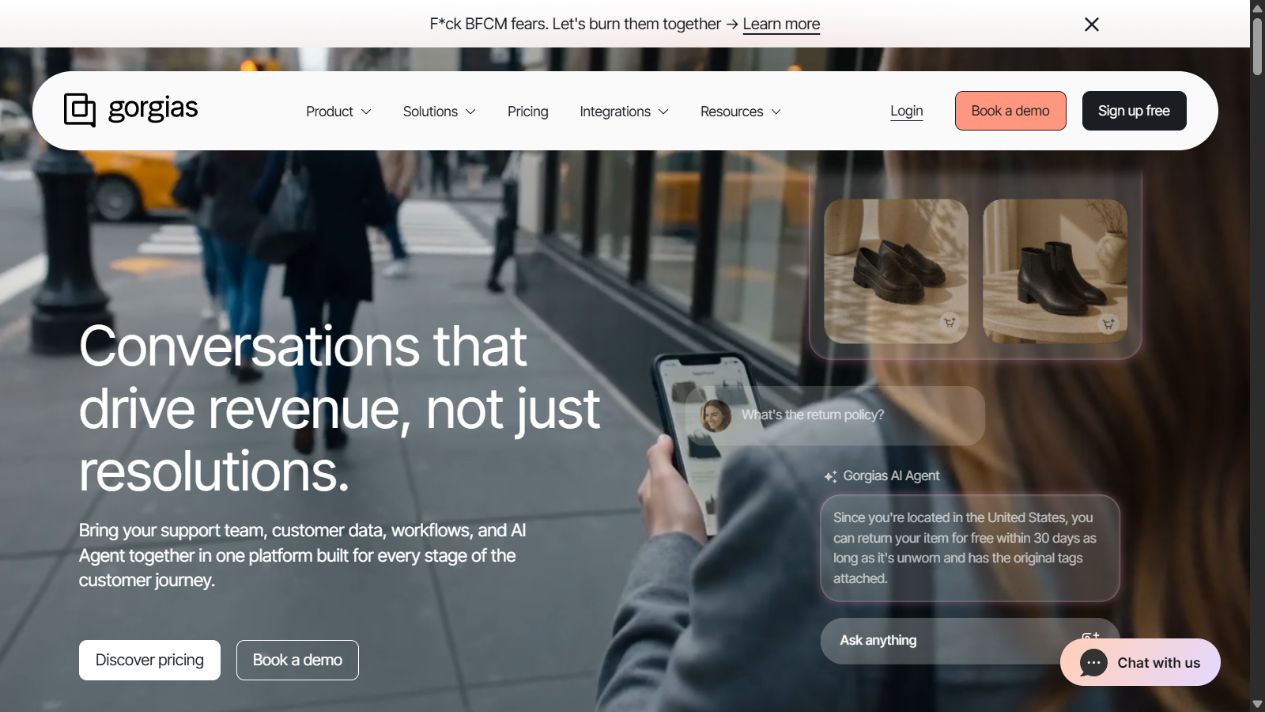 Gorgias homepage presenting its ecommerce customer conversation platform