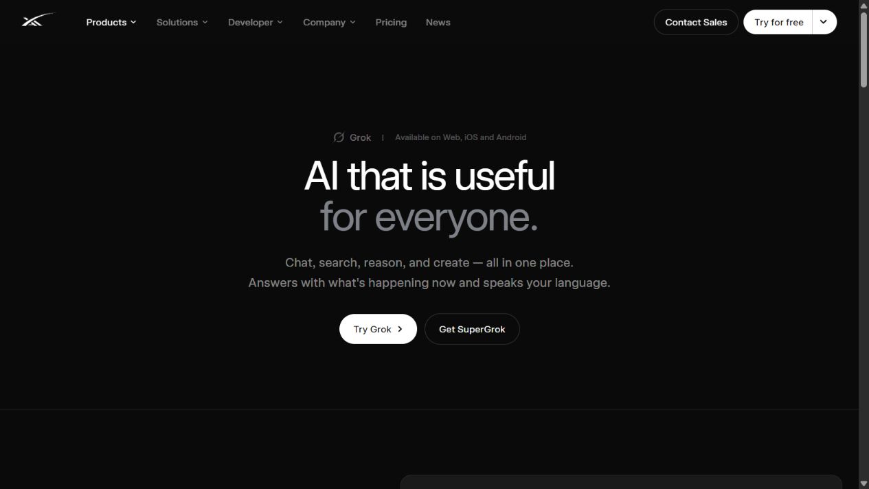 Grok official homepage showing its chat, search, reasoning, and creation positioning