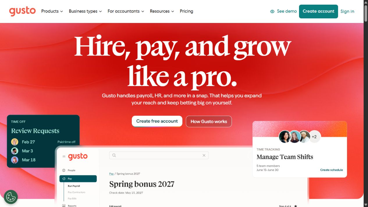 Gusto official homepage showing payroll and HR tools for small businesses