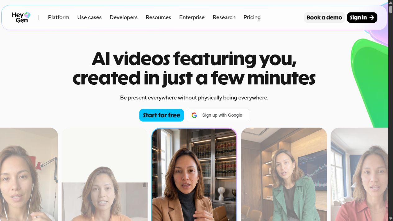 HeyGen official homepage showing its AI avatar video production positioning