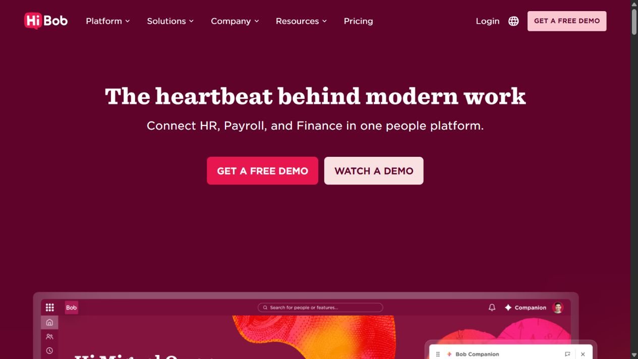 HiBob official homepage showing the Bob HCM employee experience platform