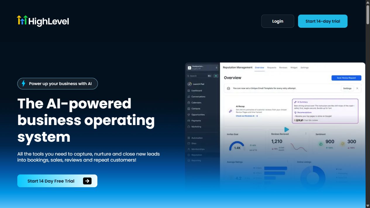 HighLevel homepage presenting its business operating system